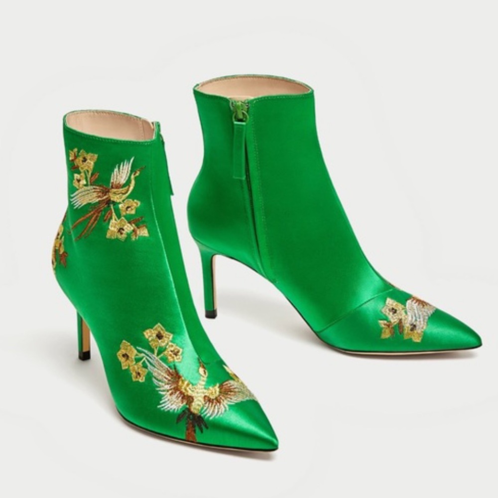 NWT Zara Satin Embroidered Ankle Boots